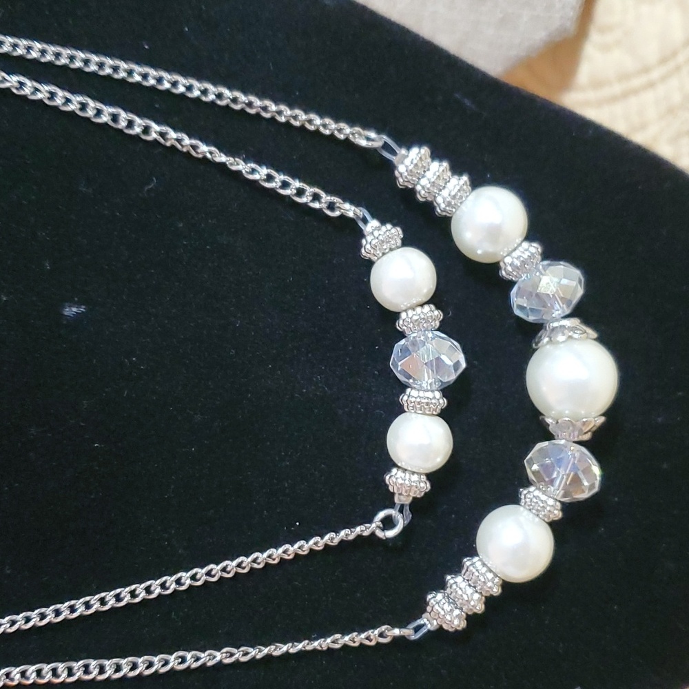 Double Strand Pearl and Crystal Necklace